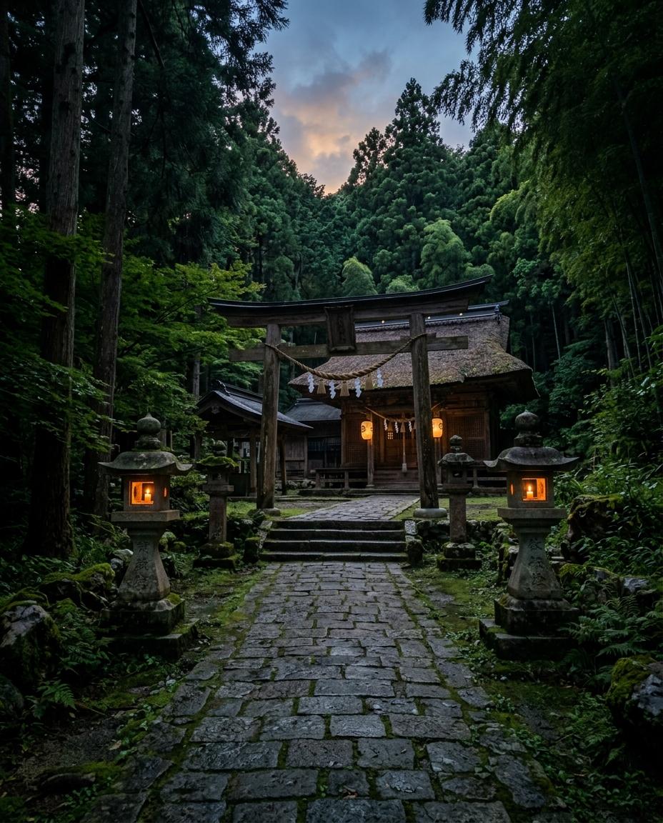 竹林に囲まれた神社。石畳の先に社殿と灯籠